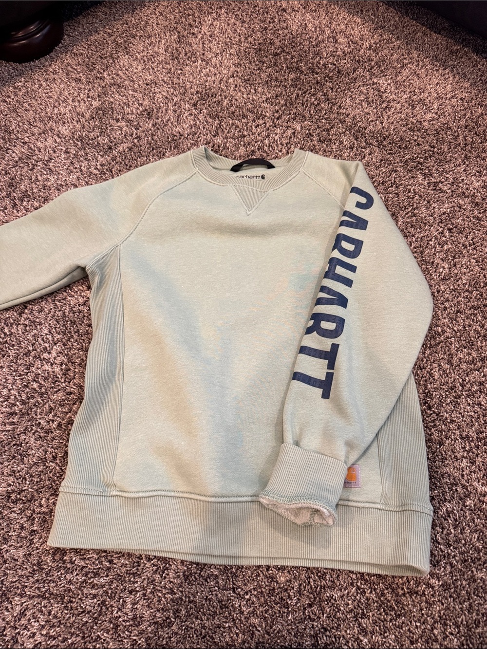 Carhartt Men's Crewneck Sweatshirt in Sage Green with Navy Sleeve Logo